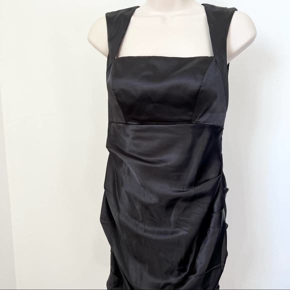 Hailey Adrianna Papell black satin dress zipper back cut out mini LBD ruched 7/8 - Picture 4 of 12